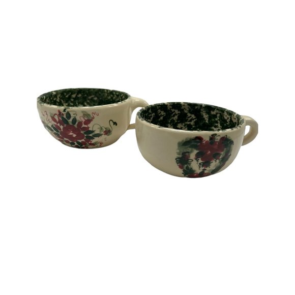 Handmade Art Pottery Soup Bowls Sponge Painted Floral Design Set of 2 - Picture 1 of 5